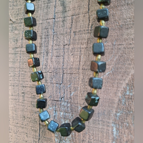 Green & Black Cube Bead Necklace Brass Spacers Jasper or Unakite Earthy Hippie - Picture 2 of 5